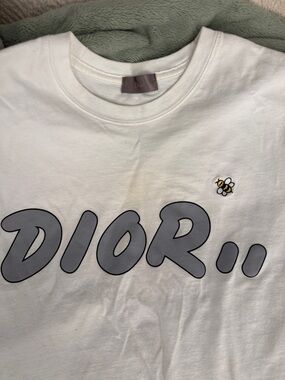 Dior White Short Sleeve Tee with Gray Logo and Small Yellow Bee